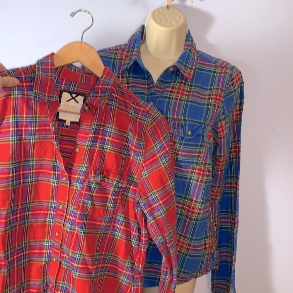 GILLY HICKS Sydney button down flannel cotton shirt red plaid blue lot pocket L